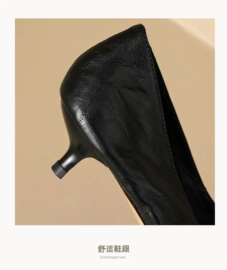 Women's slip-on shoes, made entirely of leather inside and out, stylish and comfortable, made of top-grain sheepskin, pointed toe, kitten heel, elegant single shoes for spring and autumn.