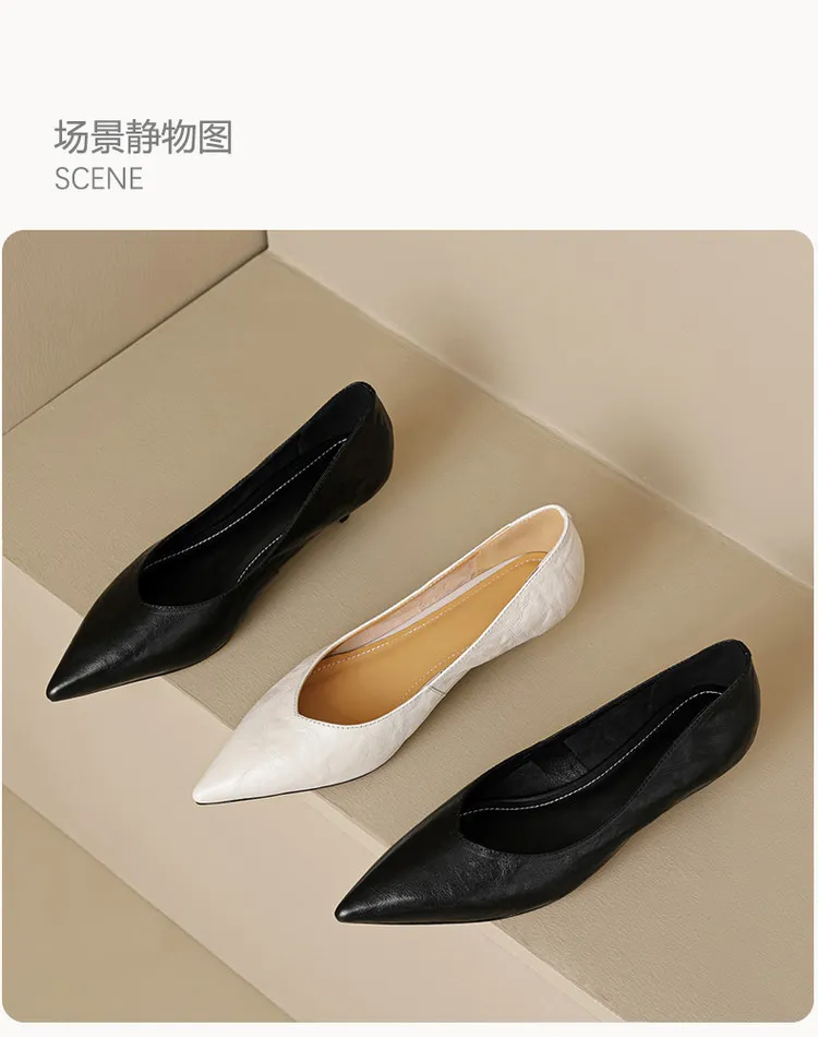 Women's slip-on shoes, made entirely of leather inside and out, stylish and comfortable, made of top-grain sheepskin, pointed toe, kitten heel, elegant single shoes for spring and autumn.