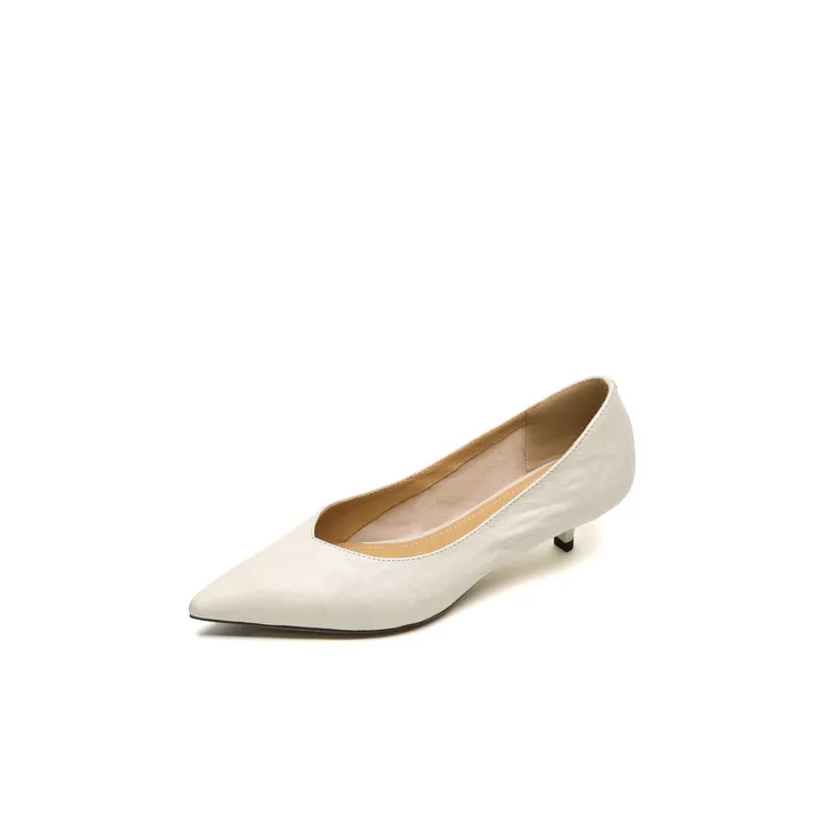 Women's slip-on shoes, made entirely of leather inside and out, stylish and comfortable, made of top-grain sheepskin, pointed toe, kitten heel, elegant single shoes for spring and autumn.