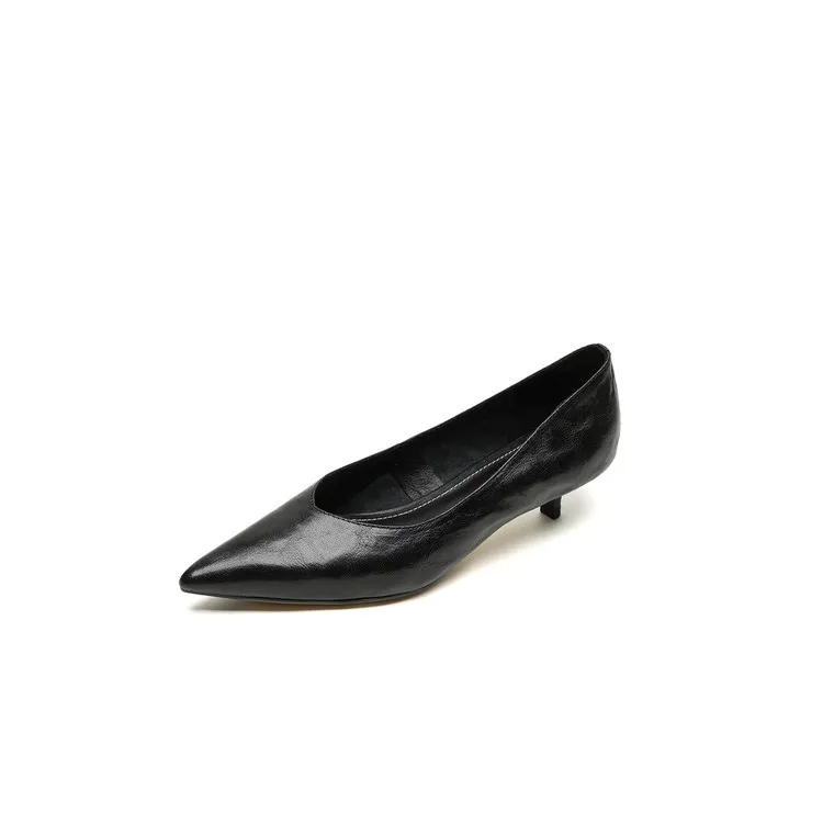Women's slip-on shoes, made entirely of leather inside and out, stylish and comfortable, made of top-grain sheepskin, pointed toe, kitten heel, elegant single shoes for spring and autumn.