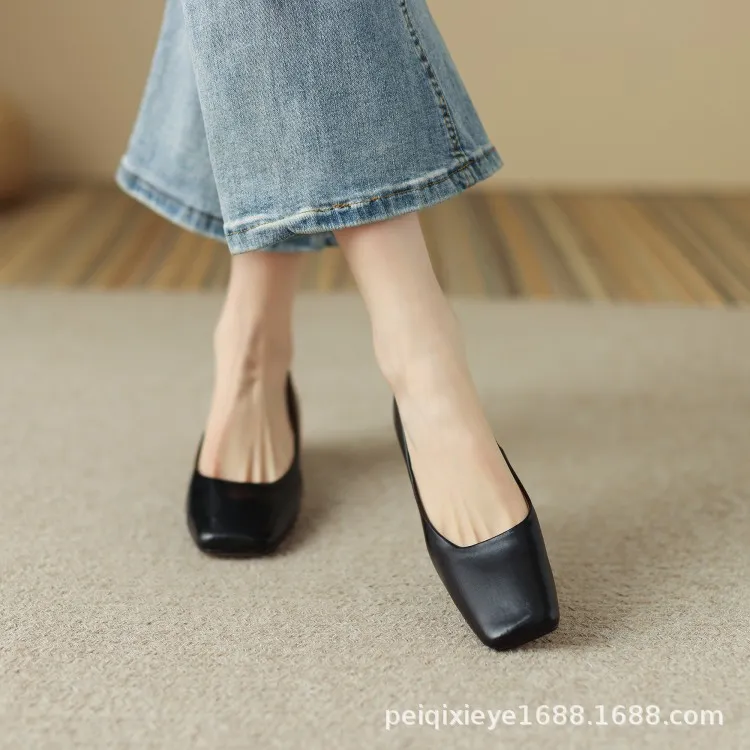 Spring and Autumn Solid Color Retro Shallow Mouth Square Toe Women's Leather Shoes Low to Mid Heel Fashion Cowhide Chunky Heel Single Shoes sy4-7i