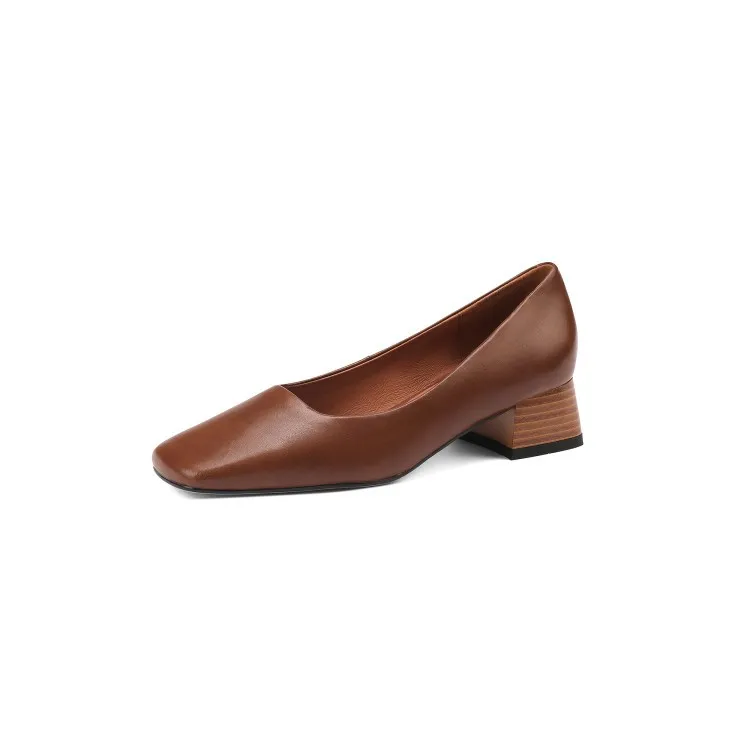 Spring and Autumn Solid Color Retro Shallow Mouth Square Toe Women's Leather Shoes Low to Mid Heel Fashion Cowhide Chunky Heel Single Shoes sy4-7i