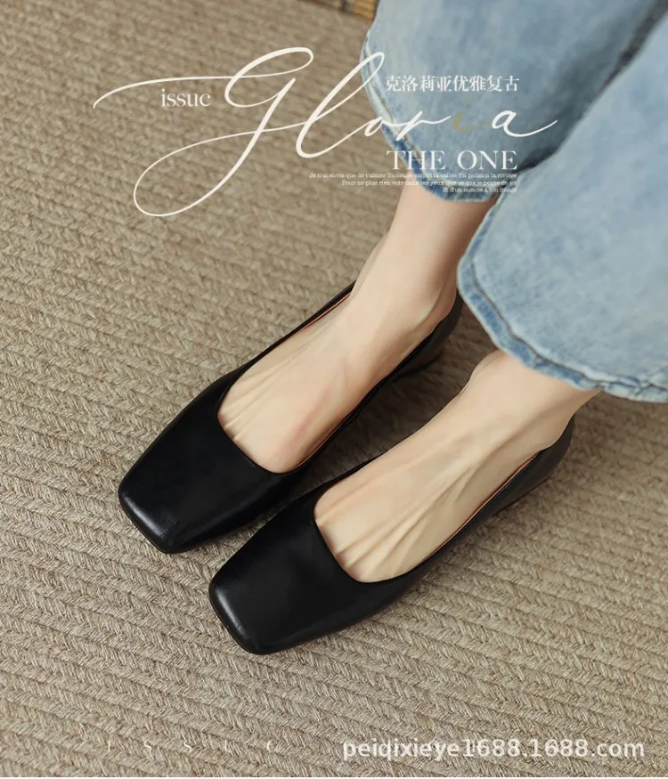 Spring and Autumn Solid Color Retro Shallow Mouth Square Toe Women's Leather Shoes Low to Mid Heel Fashion Cowhide Chunky Heel Single Shoes sy4-7i
