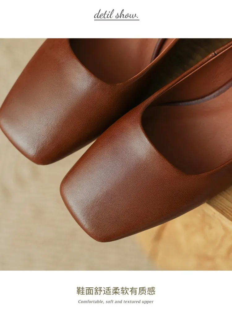 Spring and Autumn Solid Color Retro Shallow Mouth Square Toe Women's Leather Shoes Low to Mid Heel Fashion Cowhide Chunky Heel Single Shoes sy4-7i