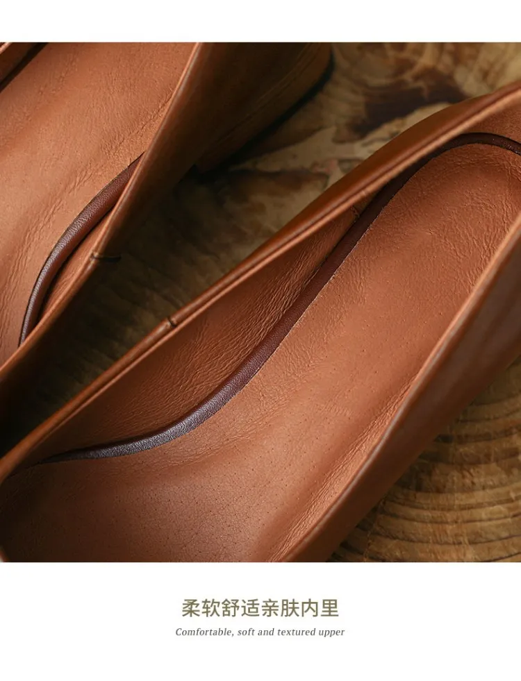 Spring and Autumn Solid Color Retro Shallow Mouth Square Toe Women's Leather Shoes Low to Mid Heel Fashion Cowhide Chunky Heel Single Shoes sy4-7i