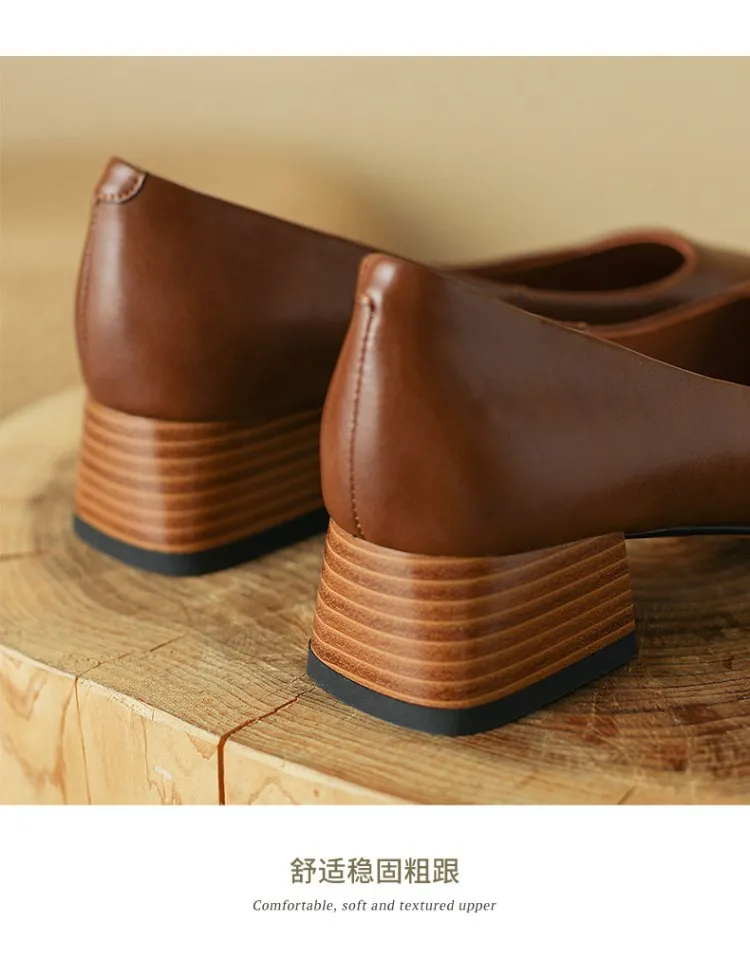 Spring and Autumn Solid Color Retro Shallow Mouth Square Toe Women's Leather Shoes Low to Mid Heel Fashion Cowhide Chunky Heel Single Shoes sy4-7i