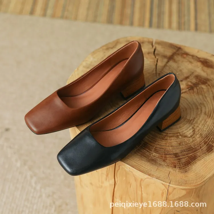 Spring and Autumn Solid Color Retro Shallow Mouth Square Toe Women's Leather Shoes Low to Mid Heel Fashion Cowhide Chunky Heel Single Shoes sy4-7i