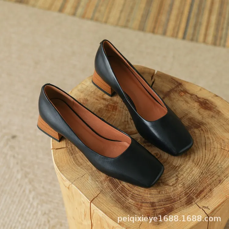 Spring and Autumn Solid Color Retro Shallow Mouth Square Toe Women's Leather Shoes Low to Mid Heel Fashion Cowhide Chunky Heel Single Shoes sy4-7i