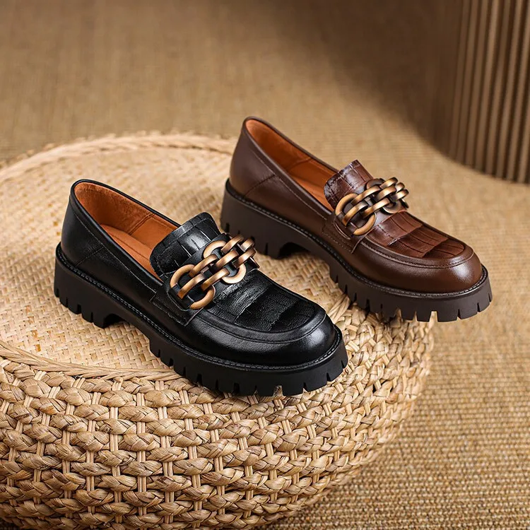 Spring and Autumn Cowhide Round Toe Chain Mid-Cut Retro Thick-Soled Loafers