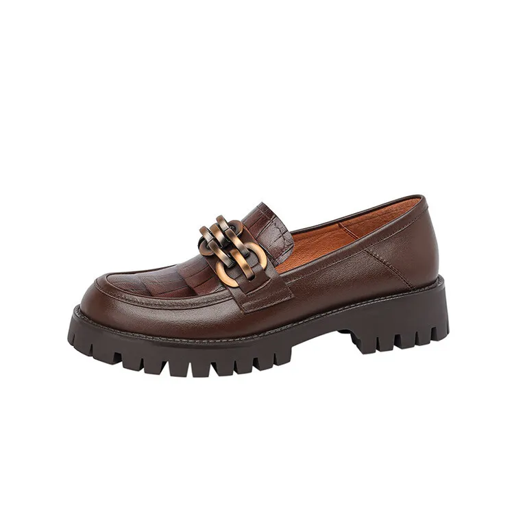 Spring and Autumn Cowhide Round Toe Chain Mid-Cut Retro Thick-Soled Loafers