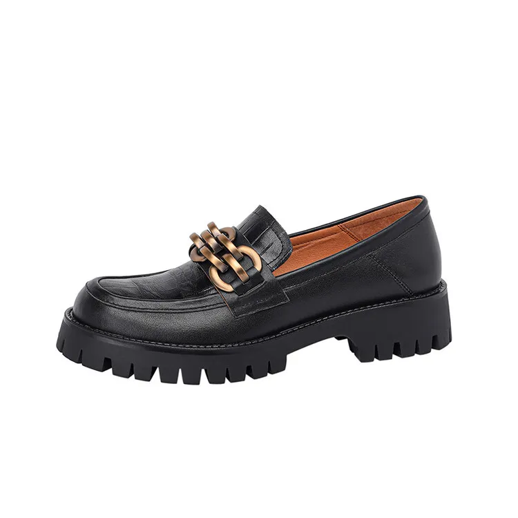 Spring and Autumn Cowhide Round Toe Chain Mid-Cut Retro Thick-Soled Loafers