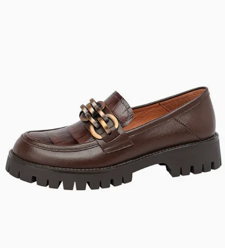 Spring and Autumn Cowhide Round Toe Chain Mid-Cut Retro Thick-Soled Loafers