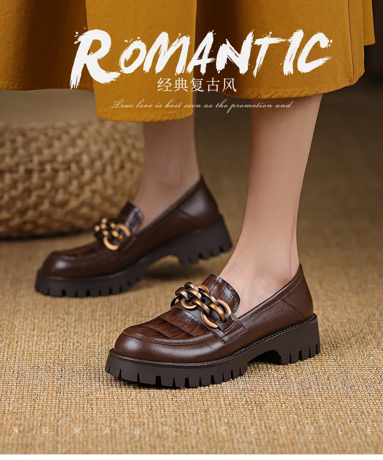 Spring and Autumn Cowhide Round Toe Chain Mid-Cut Retro Thick-Soled Loafers