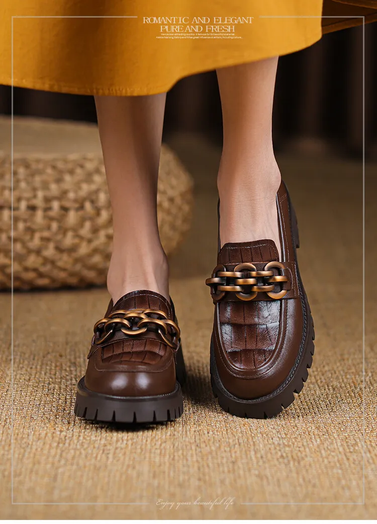 Spring and Autumn Cowhide Round Toe Chain Mid-Cut Retro Thick-Soled Loafers