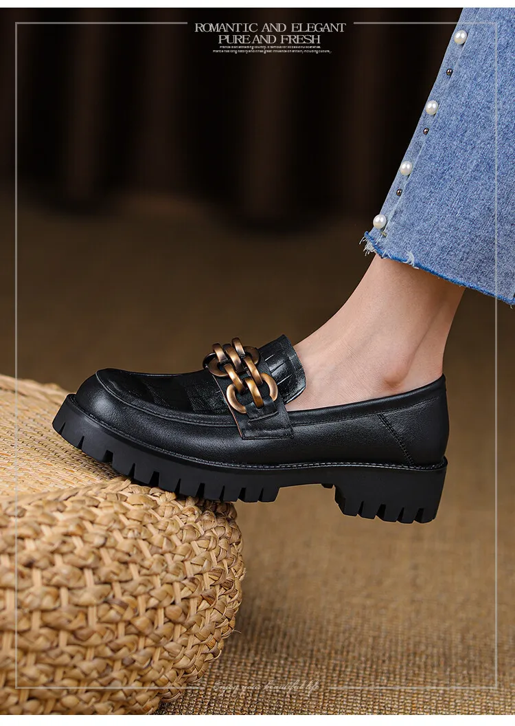 Spring and Autumn Cowhide Round Toe Chain Mid-Cut Retro Thick-Soled Loafers