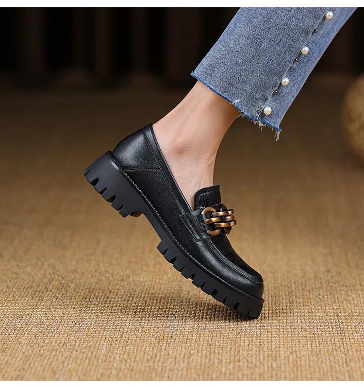Spring and Autumn Cowhide Round Toe Chain Mid-Cut Retro Thick-Soled Loafers