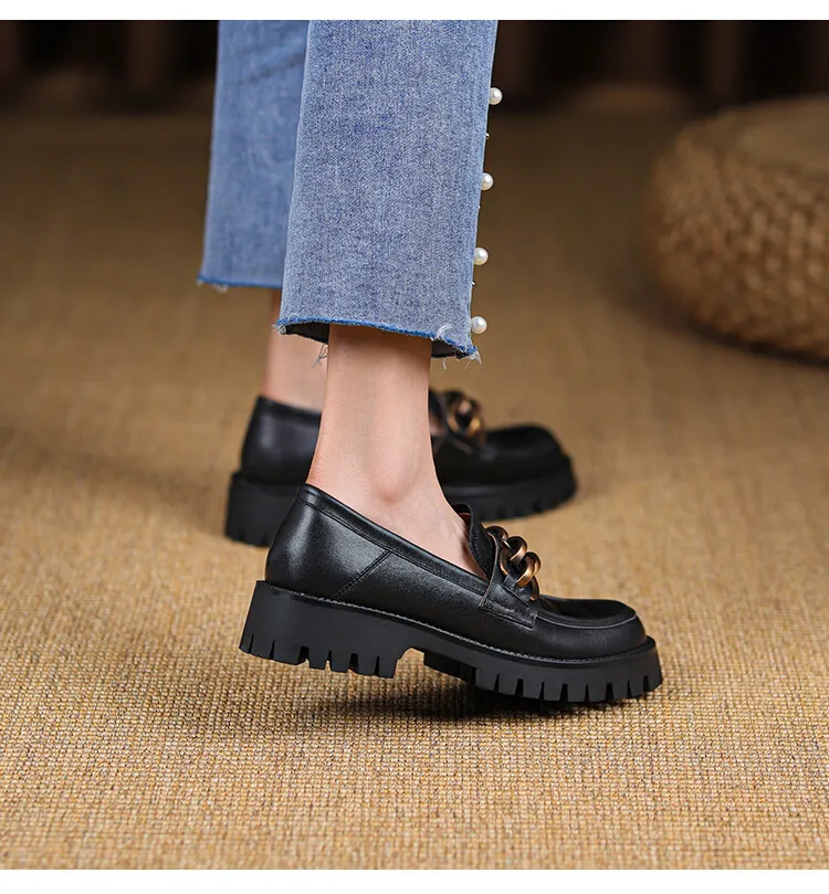 Spring and Autumn Cowhide Round Toe Chain Mid-Cut Retro Thick-Soled Loafers
