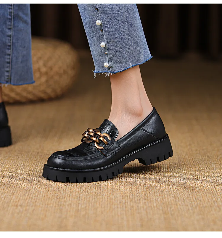 Spring and Autumn Cowhide Round Toe Chain Mid-Cut Retro Thick-Soled Loafers