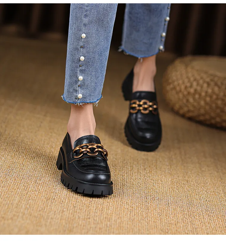 Spring and Autumn Cowhide Round Toe Chain Mid-Cut Retro Thick-Soled Loafers