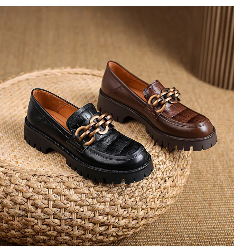 Spring and Autumn Cowhide Round Toe Chain Mid-Cut Retro Thick-Soled Loafers