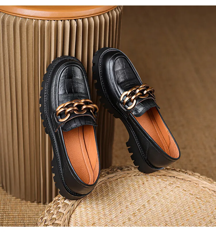 Spring and Autumn Cowhide Round Toe Chain Mid-Cut Retro Thick-Soled Loafers