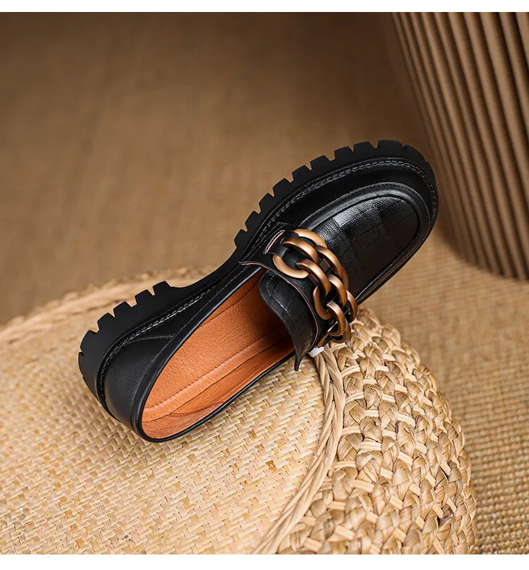 Spring and Autumn Cowhide Round Toe Chain Mid-Cut Retro Thick-Soled Loafers