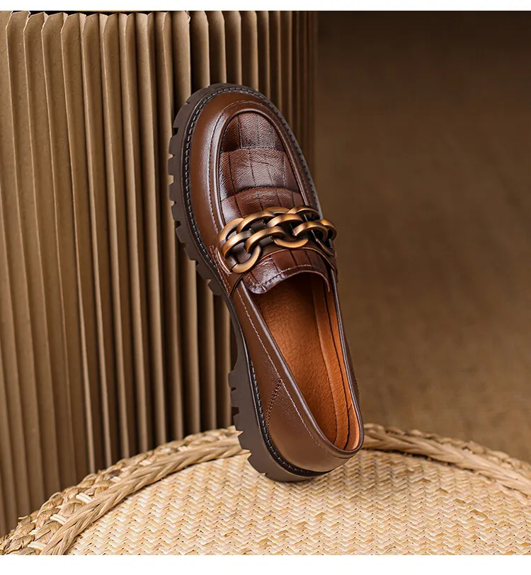 Spring and Autumn Cowhide Round Toe Chain Mid-Cut Retro Thick-Soled Loafers