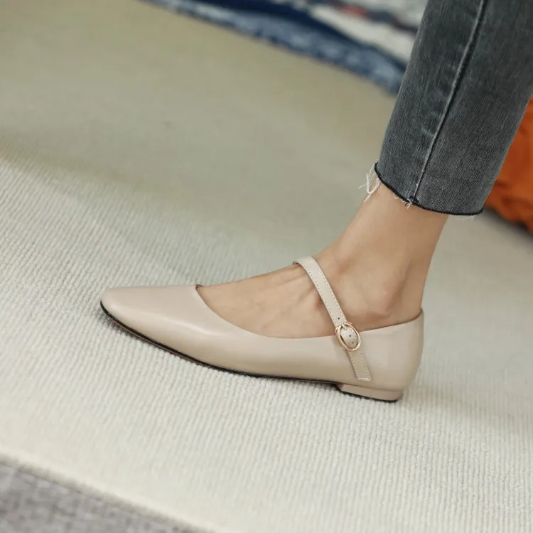 Autumn solid color square toe buckle flat shoes Korean style casual comfortable cowhide women's shoes 11-24g