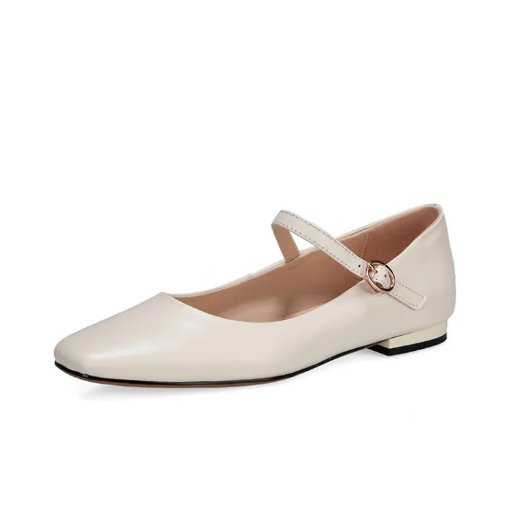 Autumn solid color square toe buckle flat shoes Korean style casual comfortable cowhide women's shoes 11-24g