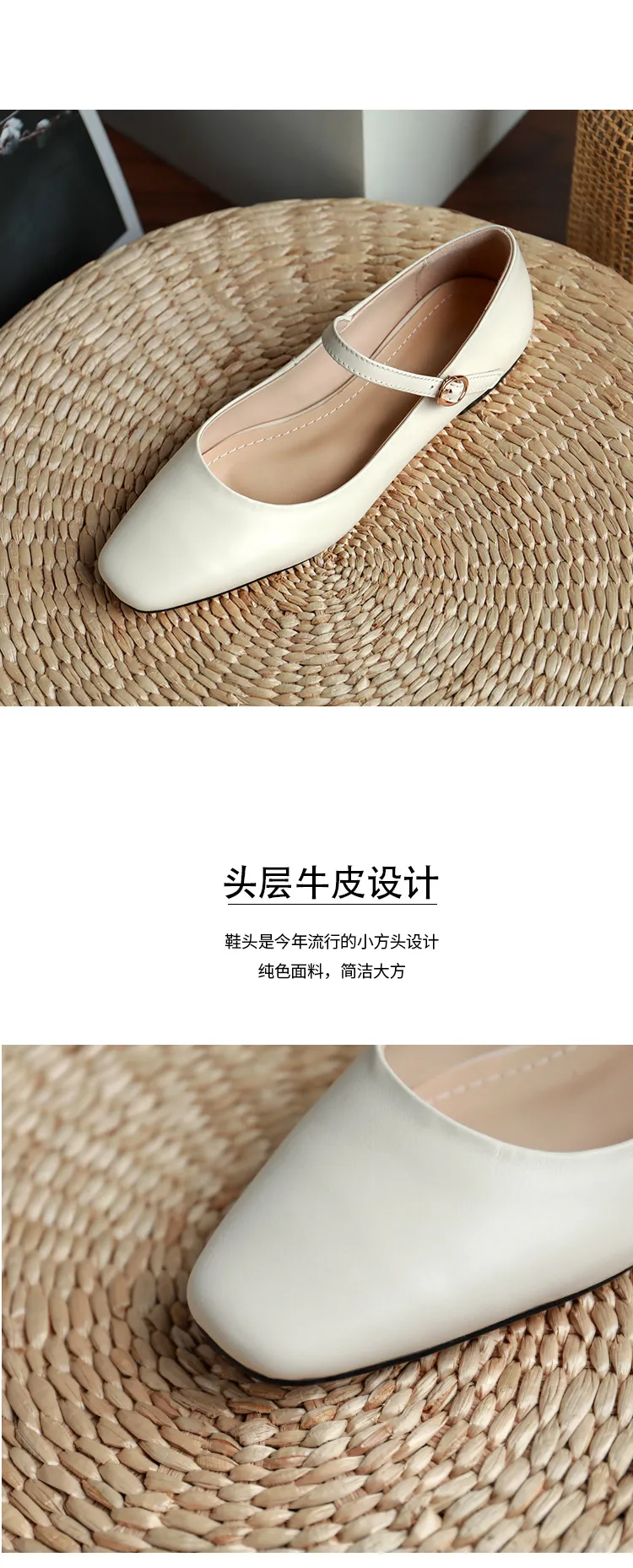 Autumn solid color square toe buckle flat shoes Korean style casual comfortable cowhide women's shoes 11-24g