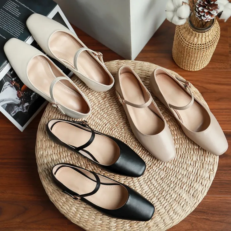 Autumn solid color square toe buckle flat shoes Korean style casual comfortable cowhide women's shoes 11-24g