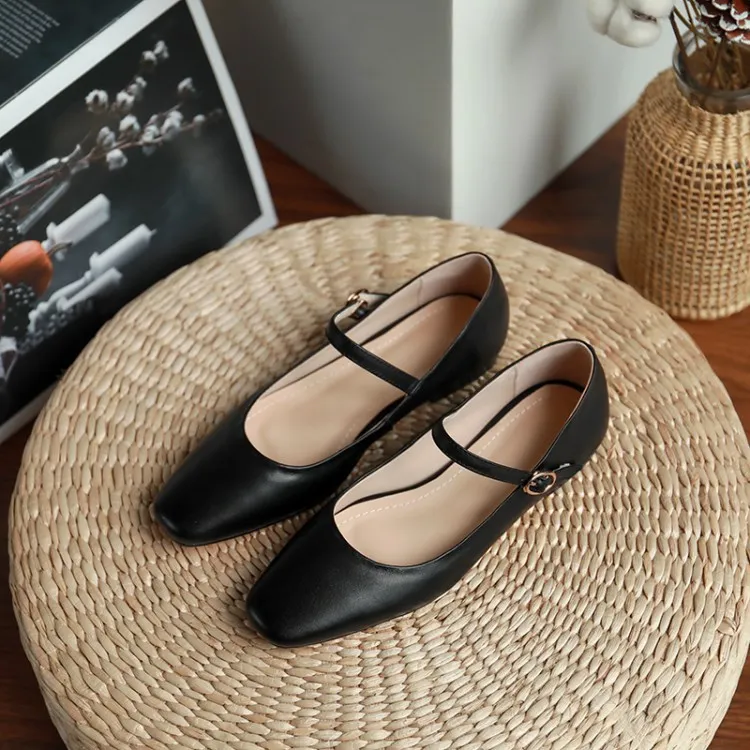 Autumn solid color square toe buckle flat shoes Korean style casual comfortable cowhide women's shoes 11-24g