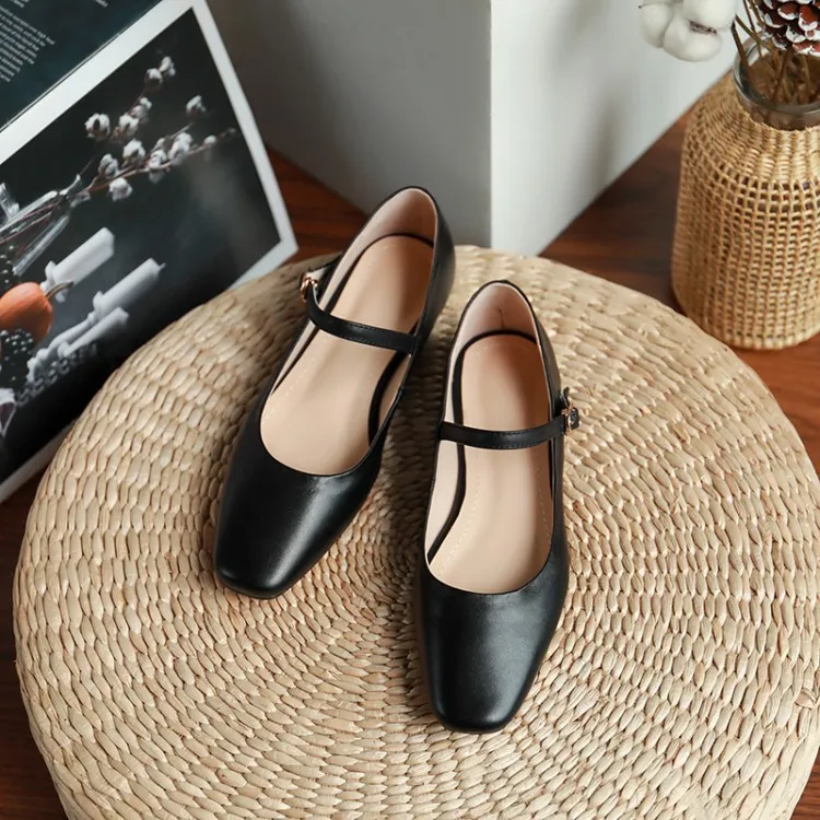 Autumn solid color square toe buckle flat shoes Korean style casual comfortable cowhide women's shoes 11-24g