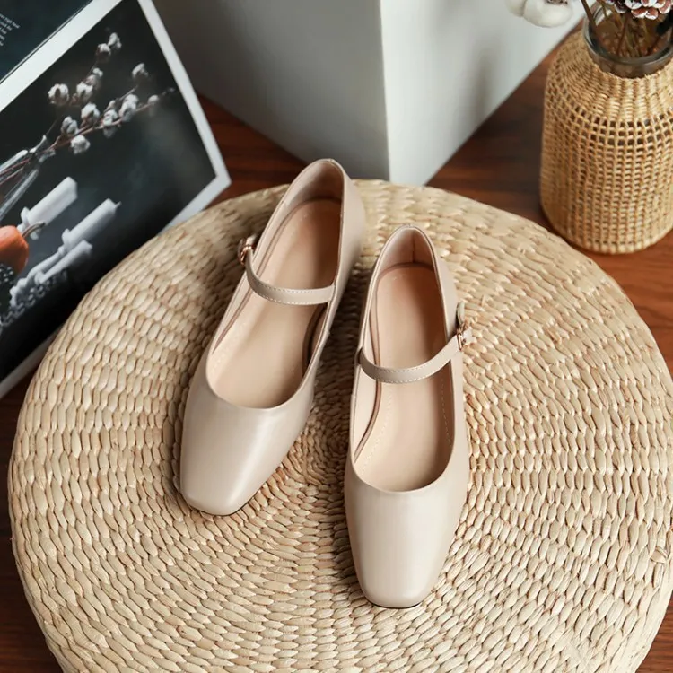 Autumn solid color square toe buckle flat shoes Korean style casual comfortable cowhide women's shoes 11-24g