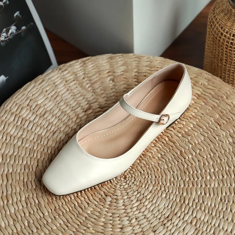 Autumn solid color square toe buckle flat shoes Korean style casual comfortable cowhide women's shoes 11-24g