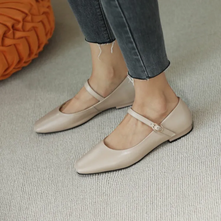 Autumn solid color square toe buckle flat shoes Korean style casual comfortable cowhide women's shoes 11-24g