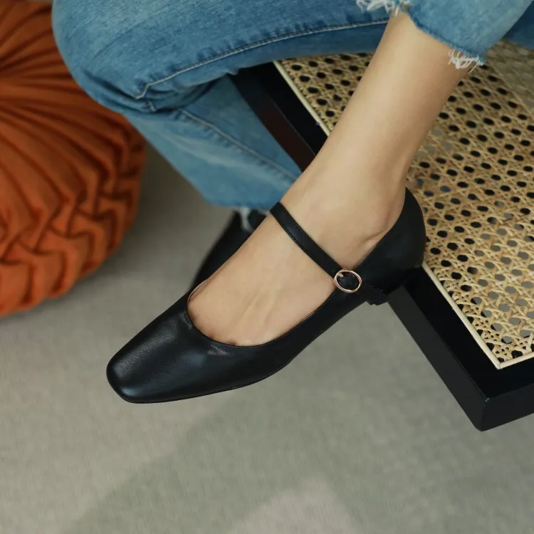 Autumn solid color square toe buckle flat shoes Korean style casual comfortable cowhide women's shoes 11-24g