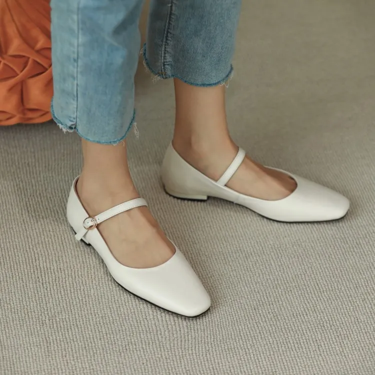Autumn solid color square toe buckle flat shoes Korean style casual comfortable cowhide women's shoes 11-24g