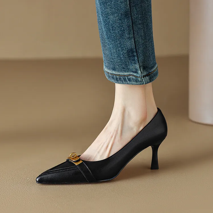 2023 Spring/Autumn French Retro Pointed Toe Shoes Women's Stiletto Heels Low-Cut Leather Korean Style Fashion Women's Shoes 12-7u