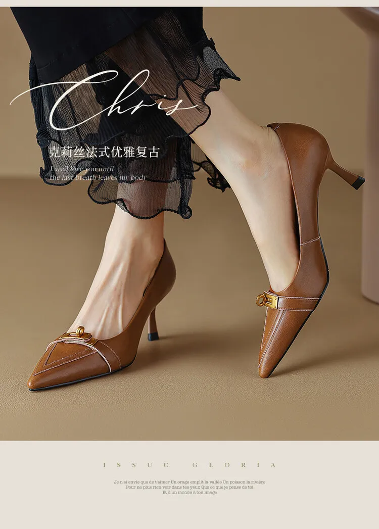 2023 Spring/Autumn French Retro Pointed Toe Shoes Women's Stiletto Heels Low-Cut Leather Korean Style Fashion Women's Shoes 12-7u