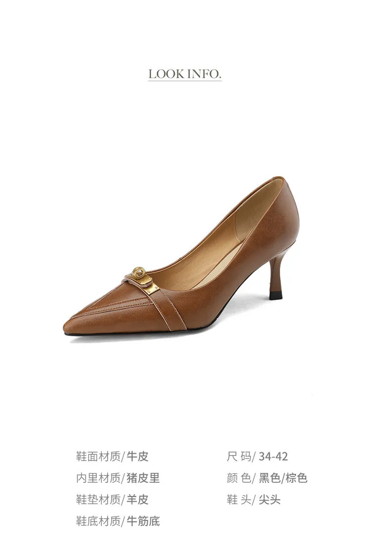 2023 Spring/Autumn French Retro Pointed Toe Shoes Women's Stiletto Heels Low-Cut Leather Korean Style Fashion Women's Shoes 12-7u