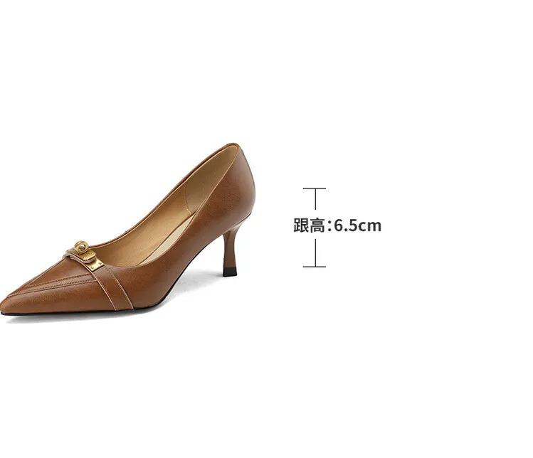 2023 Spring/Autumn French Retro Pointed Toe Shoes Women's Stiletto Heels Low-Cut Leather Korean Style Fashion Women's Shoes 12-7u