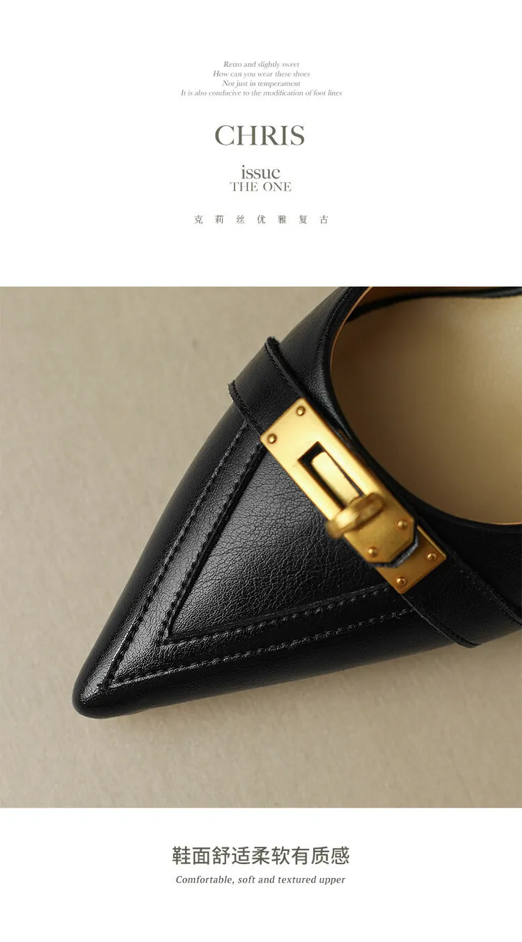 2023 Spring/Autumn French Retro Pointed Toe Shoes Women's Stiletto Heels Low-Cut Leather Korean Style Fashion Women's Shoes 12-7u