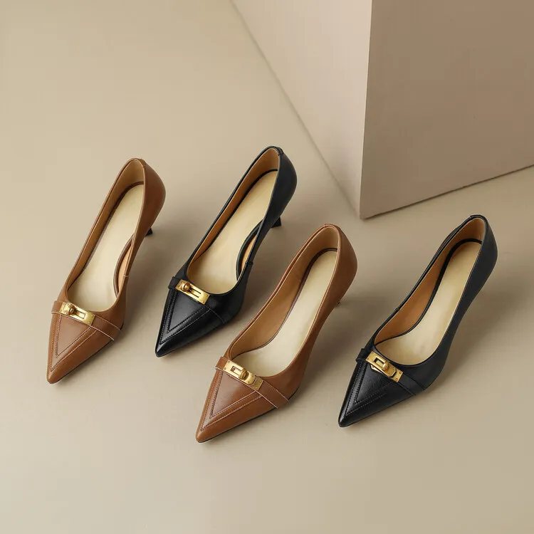 2023 Spring/Autumn French Retro Pointed Toe Shoes Women's Stiletto Heels Low-Cut Leather Korean Style Fashion Women's Shoes 12-7u