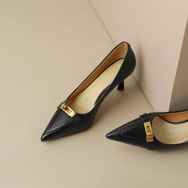 2023 Spring/Autumn French Retro Pointed Toe Shoes Women's Stiletto Heels Low-Cut Leather Korean Style Fashion Women's Shoes 12-7u