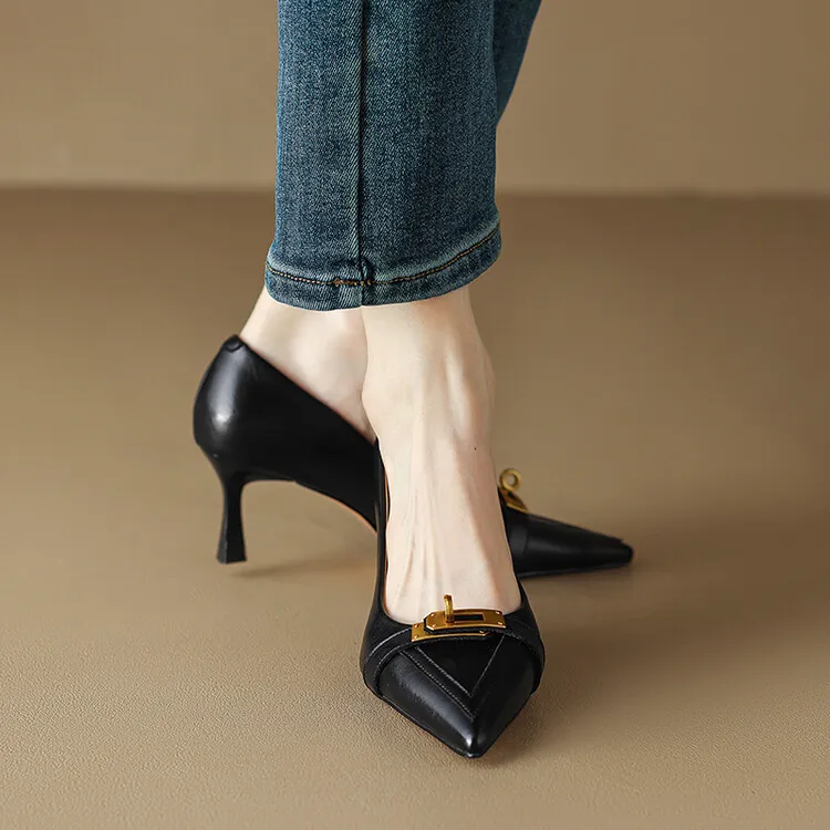 2023 Spring/Autumn French Retro Pointed Toe Shoes Women's Stiletto Heels Low-Cut Leather Korean Style Fashion Women's Shoes 12-7u