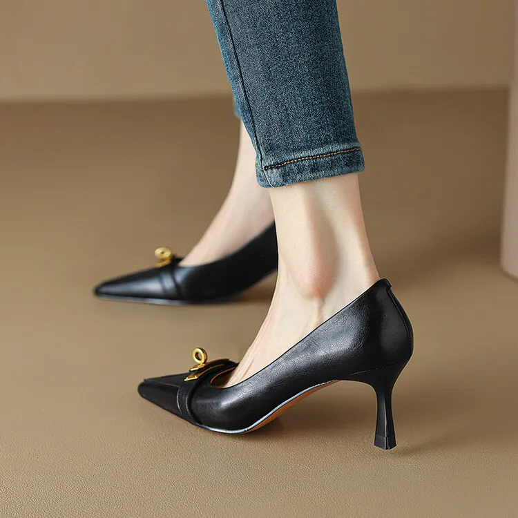 2023 Spring/Autumn French Retro Pointed Toe Shoes Women's Stiletto Heels Low-Cut Leather Korean Style Fashion Women's Shoes 12-7u