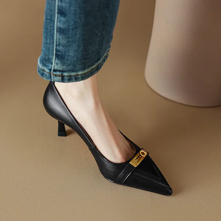 2023 Spring/Autumn French Retro Pointed Toe Shoes Women's Stiletto Heels Low-Cut Leather Korean Style Fashion Women's Shoes 12-7u