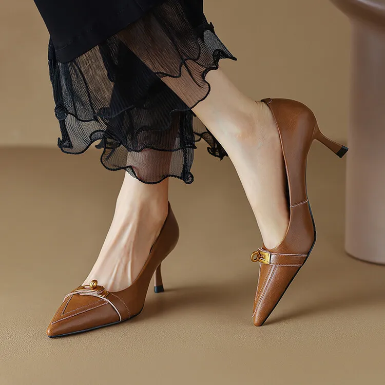 2023 Spring/Autumn French Retro Pointed Toe Shoes Women's Stiletto Heels Low-Cut Leather Korean Style Fashion Women's Shoes 12-7u