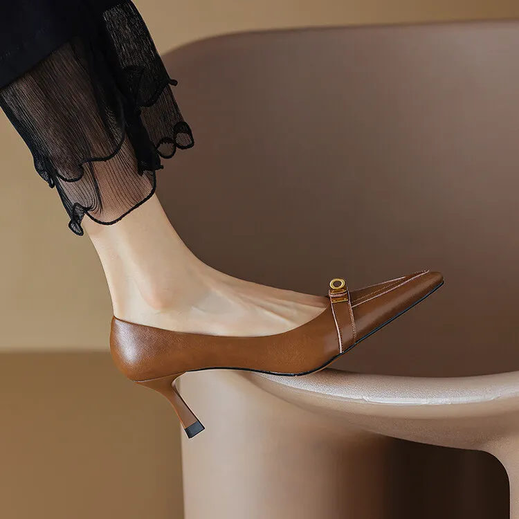 2023 Spring/Autumn French Retro Pointed Toe Shoes Women's Stiletto Heels Low-Cut Leather Korean Style Fashion Women's Shoes 12-7u